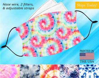 Cute Tie Dye Face Mask, Washable, Adjustable, Reusable, NoseWire, Filter Pocket and 2 Free Filters! Available In Both Adult and Child Sizes.