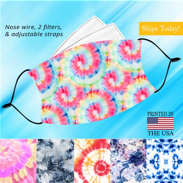 Cute Tie Dye Face Mask, Washable, Adjustable, Reusable, NoseWire, Filter Pocket and 2 Free Filters! Available In Both Adult and Child Sizes.