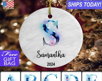 Snow Flake Letter, Monogrammed Christmas ornament, Custom Personalized Ceramic Stone Ornament, Gold Colored Ribbon, Choice of FREE GIFT BAG!