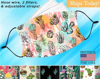 Cactus, Cactaceae, Face Mask, Washable, Adjustable, Reusable, Nose Wire, Filter Pocket and 2 FREE Filters! In adult and child sizes