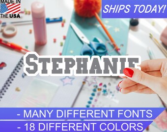 Custom Personalized Vinyl Name Sticker, 4mil, 18 colors, Many Script fonts, Indoor / Outdoor, Waterproof, UV Resistant, Eco Solvent Inks