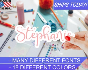 Custom Personalized Vinyl Name Sticker, 4mil, 18 colors, Many Script fonts, Indoor / Outdoor, Waterproof, UV Resistant, Eco Solvent Inks