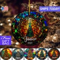 Cute Faux Stained Glass Christmas Tree, Custom Personalized Ceramic Stone Christmas Ornament, Gold Colored Ribbon, Choice of FREE Gift BAG!