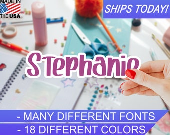 Custom Personalized Vinyl Name Sticker, 4mil, 18 colors, Many Script fonts, Indoor / Outdoor, Waterproof, UV Resistant, Eco Solvent Inks