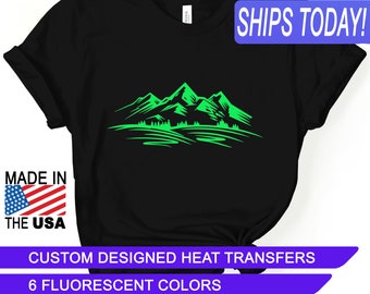 Fluorescent Mountains, Heat Transfers, Custom Designed Iron Ons, CPSIA Certified Child Safe, Use on Cotton, Polyester, and Leather