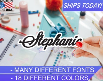 Custom Personalized Vinyl Name Sticker, 4mil, 18 colors, Many Script fonts, Indoor / Outdoor, Waterproof, UV Resistant, Eco Solvent Inks