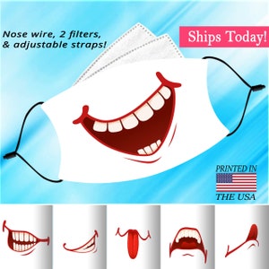 Funny Mouth Face Mask, Washable, Adjustable, Reusable, Nose Wire, Filter Pocket and 2 FREE Filters! Available in adult and child sizes.