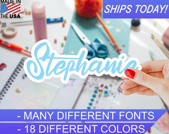 Custom Personalized Vinyl Name Sticker, 4mil, 18 colors, Many Script fonts, Indoor / Outdoor, Waterproof, UV Resistant, Eco Solvent Inks