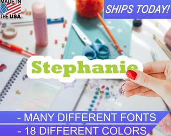 Custom Personalized Vinyl Name Sticker, 4mil, 18 colors, Many Script fonts, Indoor / Outdoor, Waterproof, UV Resistant, Eco Solvent Inks