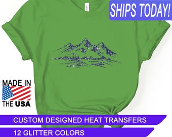 Glitter Mountains, Heat Transfers, Custom Designed Iron On, CPSIA Certified Child Safe, Use on Cotton, Polyester, Leather