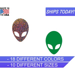 May include: Two alien head decals, one with a holographic glitter finish and one solid green. The text below reads "18 DIFFERENT COLORS" and "10 DIFFERENT SIZES".