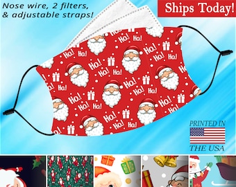 Santa Face Mask, Washable, Adjustable, Reusable Mask, Nose Wire, Filter Pocket and 2 Free Filters! Available in Both Adult and Child Sizes.