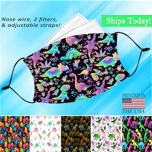 May include: A reusable face mask with a black background and a colorful dinosaur pattern. The mask has adjustable straps and a nose wire. The mask is printed in the USA.  The image also shows six different dinosaur patterns for the mask.