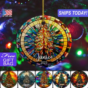 Cute Faux Stained Glass Christmas Tree, Custom Personalized Ceramic Stone Christmas Ornament, Gold Colored Ribbon, Choice of FREE Gift BAG!