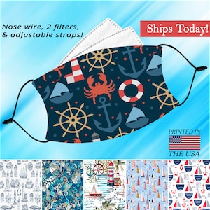 Nautical, Sailor, Face Mask, Washable, Adjustable, Reusable, Nose Wire, Filter Pocket and 2 FREE Filters! In adult and child sizes