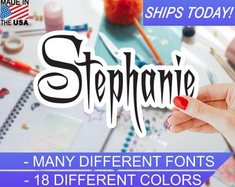 Custom Personalized Vinyl Name Sticker, 4mil, 18 colors, Many Script fonts, Indoor / Outdoor, Waterproof, UV Resistant, Eco Solvent Inks
