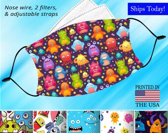 Cute Monster Face Mask, Washable, Adjustable, Reusable, Nose Wire, Filter Pocket and 2 FREE Filters! Available in adult and child sizes.