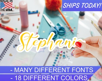 Custom Personalized Vinyl Name Sticker, 4mil, 18 colors, Many Script fonts, Indoor / Outdoor, Waterproof, UV Resistant, Eco Solvent Inks