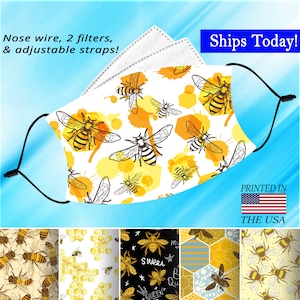 Honey Bee Face Mask, Washable, Adjustable, Reusable, Nose Wire, Filter Pocket and 2 FREE Filters! Available in both adult and child sizes.