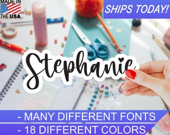 Custom Personalized Vinyl Name Sticker, 4mil, 18 colors, Many Script fonts, Indoor / Outdoor, Waterproof, UV Resistant, Eco Solvent Inks