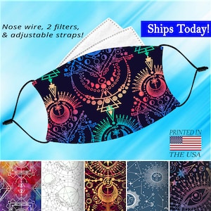 May include: A reusable face mask with a colorful geometric pattern featuring moons, stars, and triangles. The mask is printed on black fabric and has adjustable straps. The text "Ships Today!" and "Printed in the USA" is visible in the image.