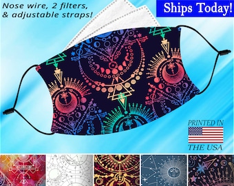 Celestial, Astronomy, Face Mask, Washable, Adjustable, Reusable, Nose Wire, Filter Pocket, 2 FREE Filters! Adult and Child Sizes available.