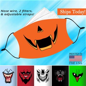 May include: Orange fabric face mask with a black and orange jack-o'-lantern design. The mask has adjustable straps and a nose wire. The mask is printed in the USA.  The image also shows five other face masks with different Halloween designs.