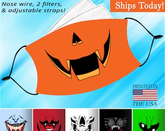 Fun Halloween Face, Scary Face Mask, Washable, Adjustable, Reusable, Nose Wire, Filter Pocket and 2 FREE Filters! In adult and child sizes.
