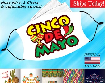 Cinco De Mayo, Face Mask, Washable, Adjustable, Reusable, Nose Wire, Filter Pocket and 2 FREE Filters! Available in Adult and Child sizes.