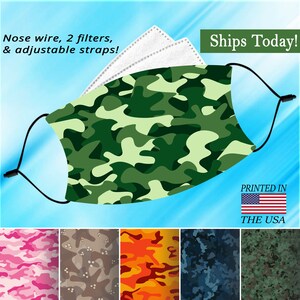 May include: A green, brown, and white camouflage face mask with adjustable straps. The mask has a nose wire and two filters. The mask is printed in the USA. There are five other color options for the mask: pink, brown, orange, blue, and green.
