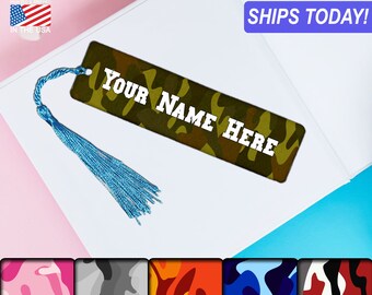 Camo, Personalized Felt Fabric Bookmark, choice of Tassel, choice of font & font color, printed both sides, gift for book lovers
