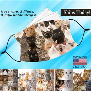 May include: A face mask with a colorful pattern of many cats. The mask has adjustable straps and a nose wire. The text "Ships Today!" and "Printed in the USA" is visible on the image.