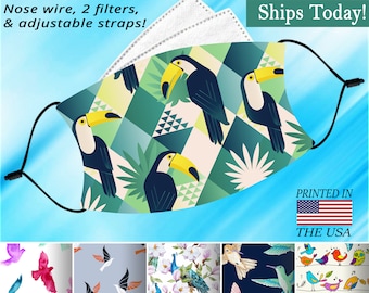Bird, Face Mask, Washable, Adjustable, Reusable, Nose Wire, Filter Pocket and 2 FREE Filters! Available in both Adult and Child sizes.