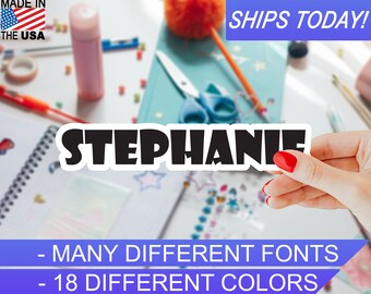 Custom Personalized Vinyl Name Sticker, 4mil, 18 colors, Many Script fonts, Indoor / Outdoor, Waterproof, UV Resistant, Eco Solvent Inks