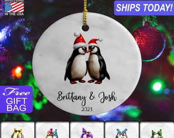 Cute Christmas Penguins, Custom Personalized Ceramic Stone Christmas Ornament, Gold Colored Ribbon, Choice of FREE Gift BAG!