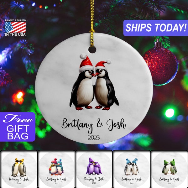 Cute Christmas Penguins, Custom Personalized Ceramic Stone Christmas Ornament, Gold Colored Ribbon, Choice of FREE Gift BAG!