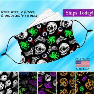 Halloween Doodle Fun, Face mask, Adjustable, Washable and Reusable, NoseWire, Filter Pocket and 2 Free Filters, in Adult and Child Sizes.