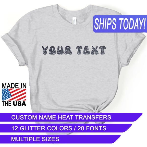 Black Silver Glitter, Custom Heat Transfers, Personalized Name Iron Ons, CPSIA Certified Child Safe, Use on Cotton, Polyester, and Leather