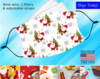 Santa Face Mask, Washable, Adjustable, Reusable Mask, Nose Wire, Filter Pocket and 2 Free Filters! Available in Both Adult and Child Sizes.