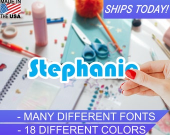Custom Personalized Vinyl Name Sticker, 4mil, 18 colors, Many Script fonts, Indoor / Outdoor, Waterproof, UV Resistant, Eco Solvent Inks