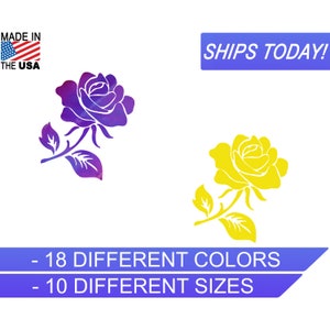 May include: Two rose designs, one purple and one yellow, with stems and leaves. The image includes text that reads "MADE IN THE USA" and "SHIPS TODAY!" and also states "- 18 DIFFERENT COLORS - 10 DIFFERENT SIZES."