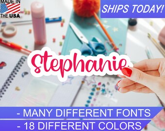 Custom Personalized Vinyl Name Sticker, 4mil, 18 colors, Many Script fonts, Indoor / Outdoor, Waterproof, UV Resistant, Eco Solvent Inks