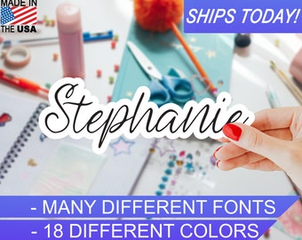 Custom Personalized Vinyl Name Sticker, 4mil, 18 colors, Many Script fonts, Indoor / Outdoor, Waterproof, UV Resistant, Eco Solvent Inks