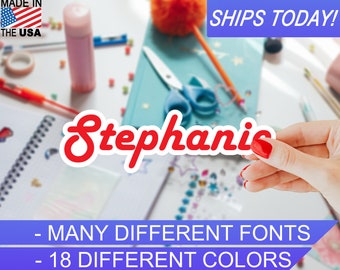 Custom Personalized Vinyl Name Sticker, 4mil, 18 colors, Many Script fonts, Indoor / Outdoor, Waterproof, UV Resistant, Eco Solvent Inks