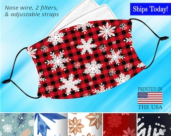 Snow Flake Face Mask, Washable, Adjustable, Reusable, Nose Wire, Filter Pocket and 2 Free Filters! Available in Both Adult and Child Sizes.