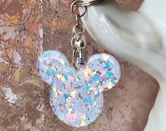 Mickey Mouse head with unicorn pink/purple colour Mickey Mouse glitter keyring keychain with key charm - gift ideas, birthday, Disney fans