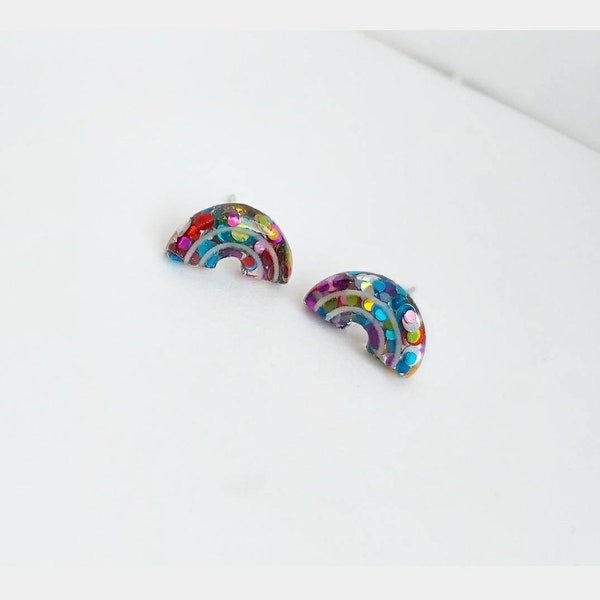 Rainbow glitter dainty resin stud earrings - handmade - gift idea - birthday - multicolour - pride - christmas