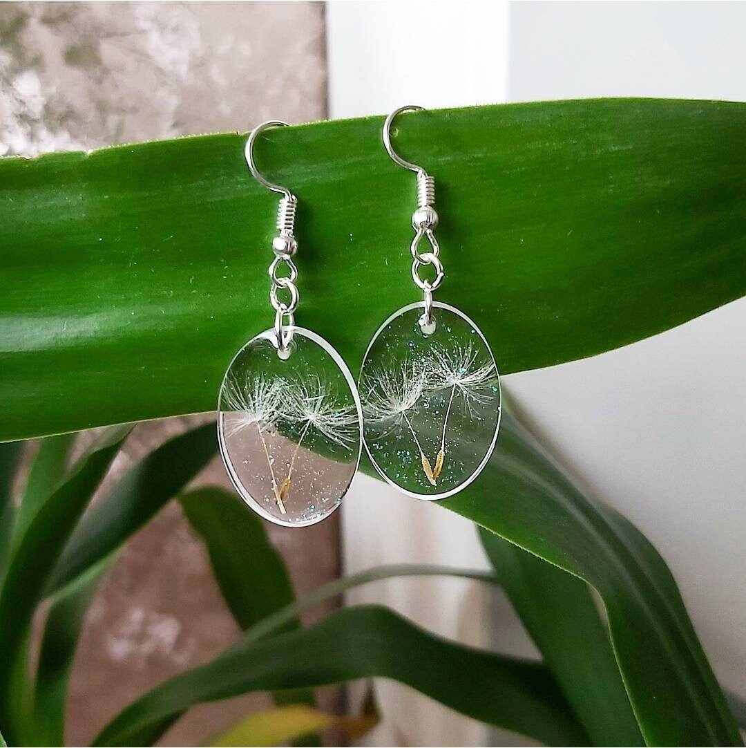 Dandelion seed Make A Wish clear dangle oval shape earrings - gift id…