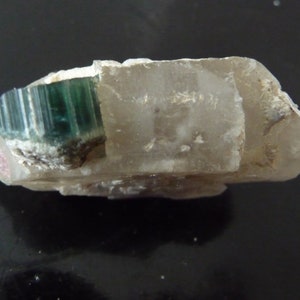 Natural Double Terminated Quartz Crystal with a Dark Green Tourmaline Crystal Growing out of it  making a Super Double Healer