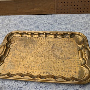 Vintage Brass Serving Tray Etched Floral Brass Tray – Scalloped Edges – Boho Hollywood Regency Home Décor Middle eastern boho decor